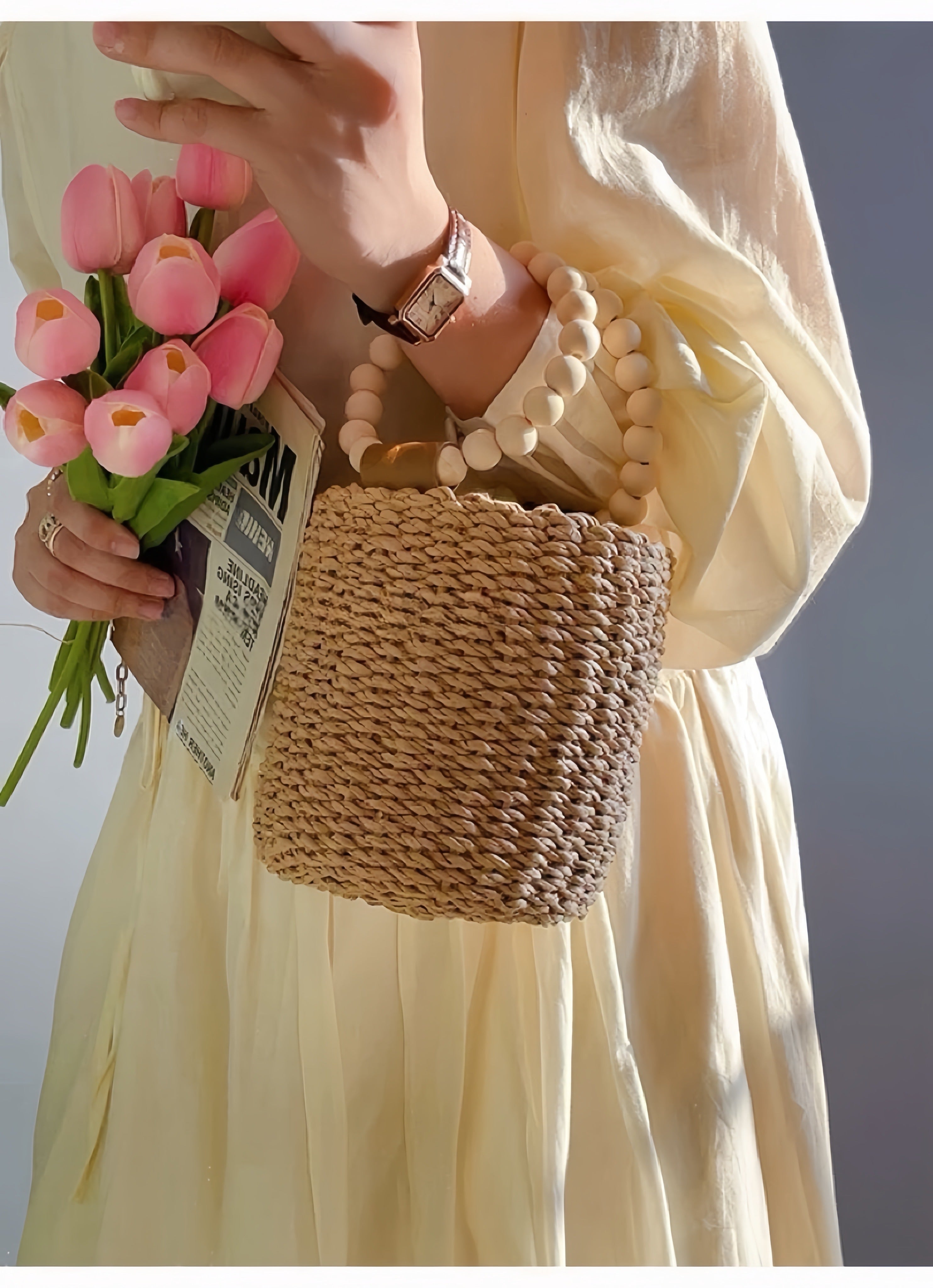 Beaded Handle Bucket Bag