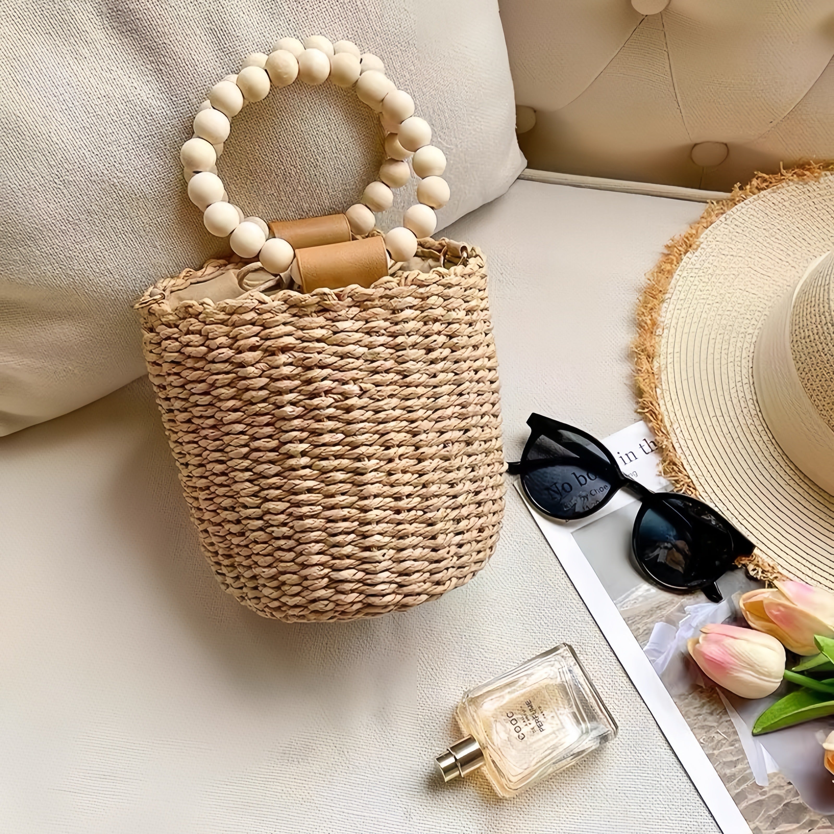 Beaded Handle Bucket Bag