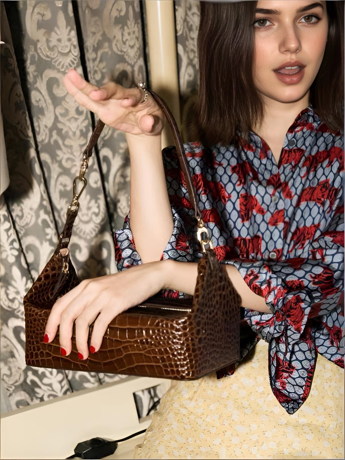 Vintage Croc-Embossed Box Bag